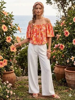 Maverick The Collection Coral Floral Off-Shoulder Crop Top Resort wear
